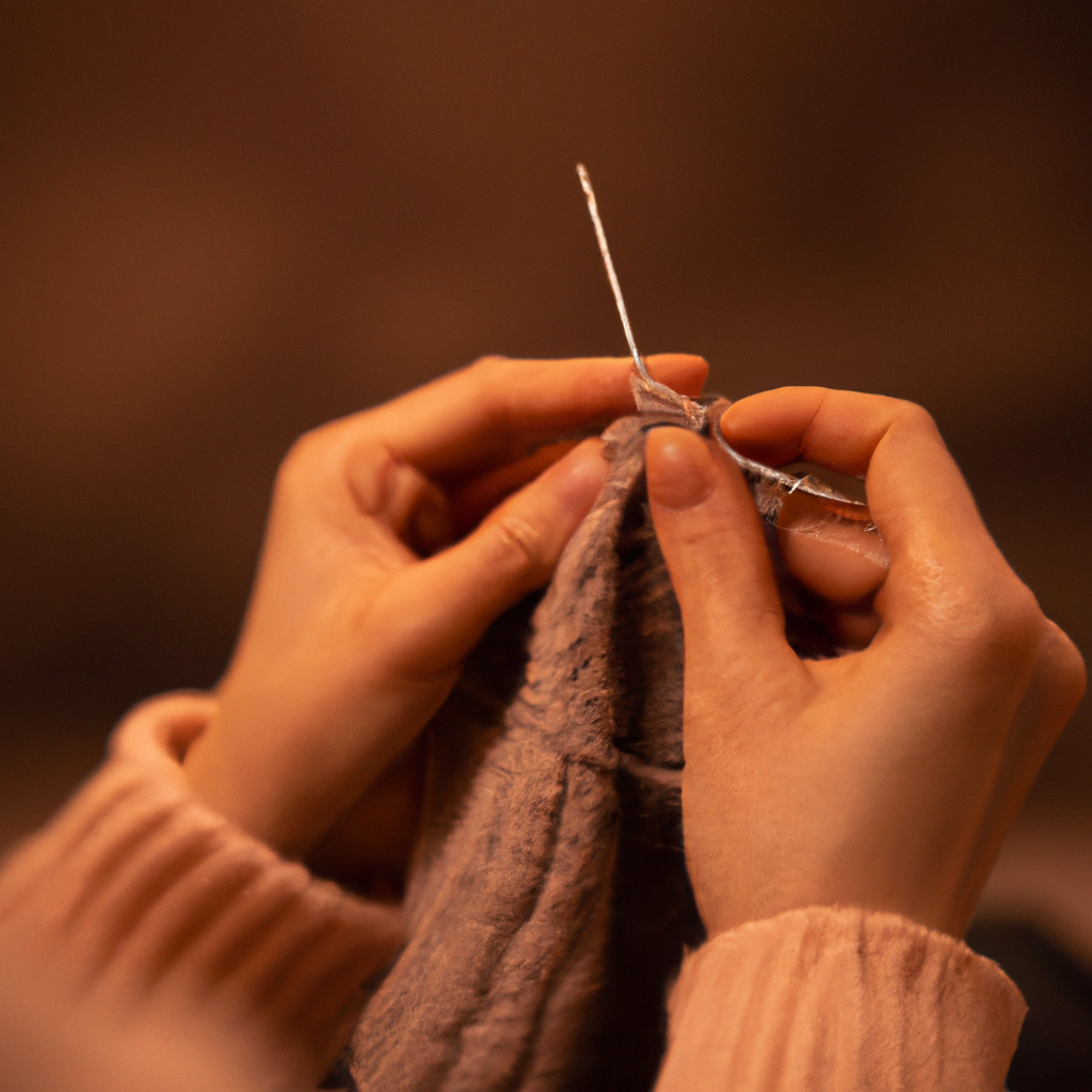 Close-up hands casting on with neutral yarn and needles on a clean background.
