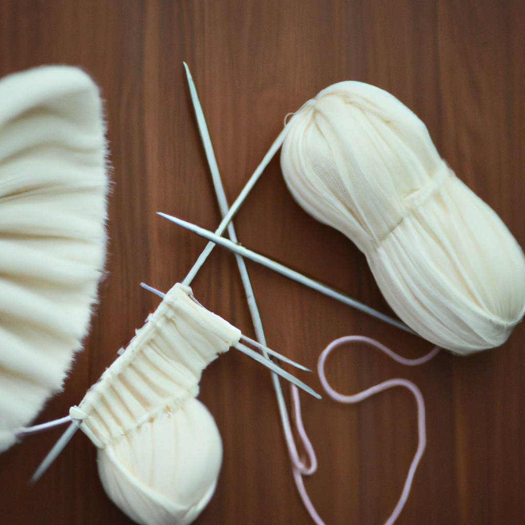 Knitted ribbing with markers and tools on a clean tabletop.